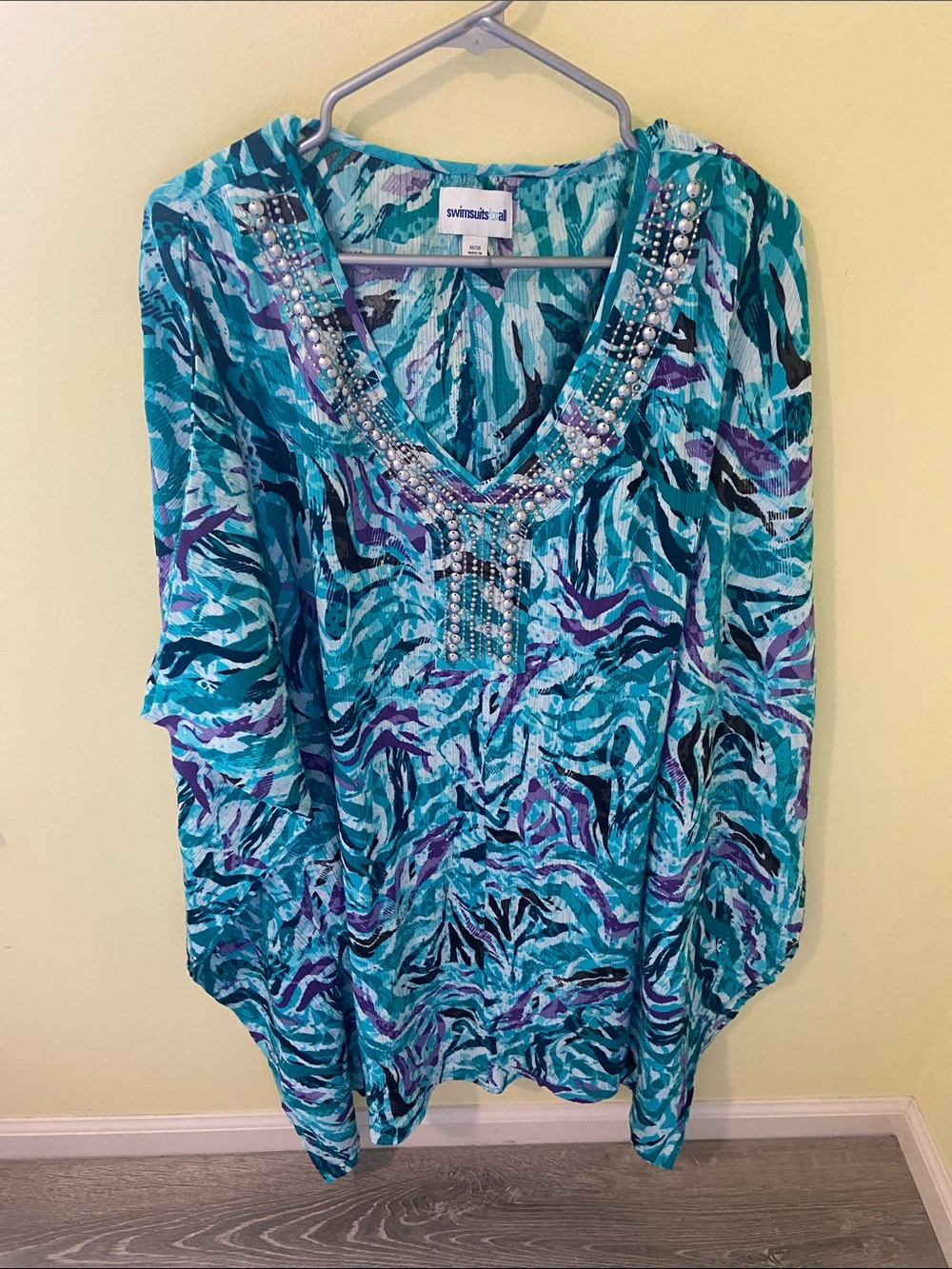 Swimsuits For All Teal & Purple Beaded V-Neck Cover up